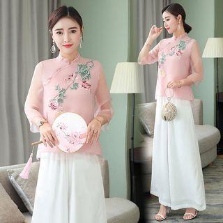Chinese Style Long-sleeve Floral Embroidery Top / Wide-leg Pants / Set