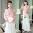 Chinese Style Long-sleeve Floral Embroidery Top / Wide-leg Pants / Set