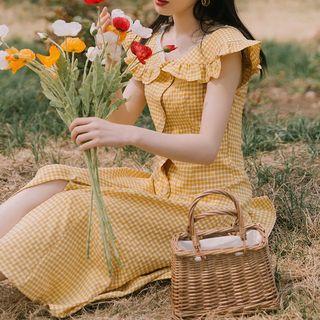 Cap-sleeve Plaid A-line Midi Dress