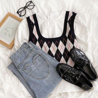 Square-neck Plaid Knit Vest / Puff-sleeve Plain Shirt