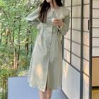 Puff-sleeve Lace Collar A-line Dress Green - One Size