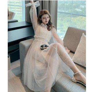 Long-sleeve Midi A-line Mesh Dress / Knit Vest