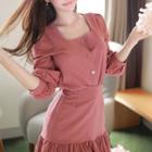 Set: Square-neck Blouse + Frill-trim Skirt Pink - One Size
