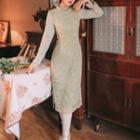 Long-sleeve Mandarin Collar Lace Midi Sheath Dress