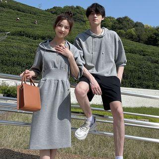 Couple Matching Elbow-sleeve Hooded A-line Dress / Hoodie / Shorts