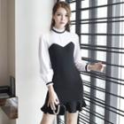 Frill Trim Panel Long Sleeve Dress