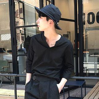 Long-sleeve Notched-neck Top