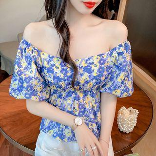 Short-sleeve Off-shoulder Floral Print Peplum Top