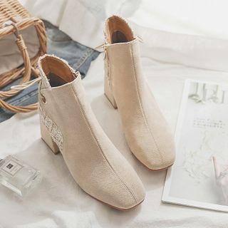 Tweed Panel Chunky Heel Short Boots