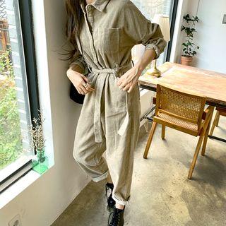 Dual-pocket Corduroy Jumpsuit With Sash