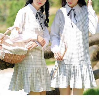 Mock Two Piece Window Pane Panel Collared Dress