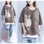 Printed Elbow-sleeve T-shirt Army Green - One Size