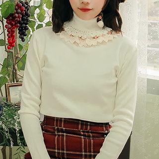 Turtleneck Lace-trim Knit Top Cream - One Size