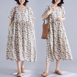 Print V-neck Short-sleeve Dress As Shown In Figure - L