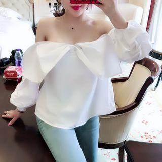 Plain Off-shoulder Bow Long-sleeve Blouse