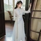 3/4-sleeve Floral Embroidered Midi A-line Lace Qipao Dress