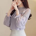 Puff-sleeve Lace Panel Chiffon Blouse