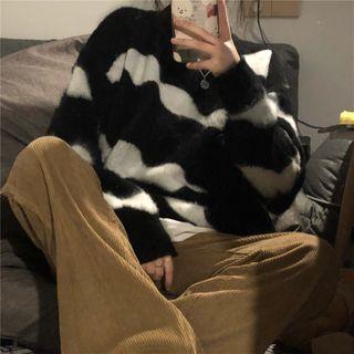 Zebra Pattern Round-neck Fluffy Sweater Stripe - Black & White - One Size