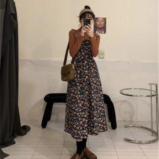 Spaghetti-strap Floral Button-up Midi A-line Dress / Turtleneck T-shirt