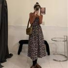 Spaghetti-strap Floral Button-up Midi A-line Dress / Turtleneck T-shirt
