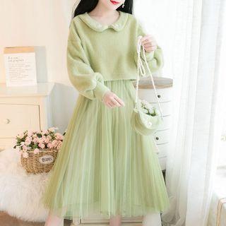 Set: Peter Pan-collar Knit Top + Sleeveless Mesh Dress