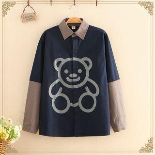 Bear Print Color-block Long-sleeve Shirt