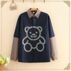 Bear Print Color-block Long-sleeve Shirt