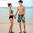 Set: Flower Print Halter-neck Tankini + Cover Up