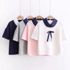 Heart Embroidered Color Panel Collared Short Sleeve T-shirt