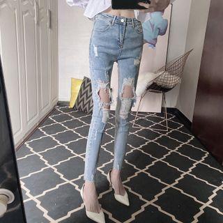 High-waist Distressed Denim Slim-fit Jeans