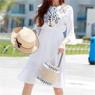 3/4-sleeve Embroidered Cotton Midi Dress