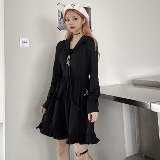 Long Sleeve Sailor Collar Frill Trim Mini A-line Dress