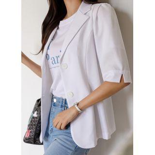 Puff-sleeve Slit-cuff Blazer With Belt