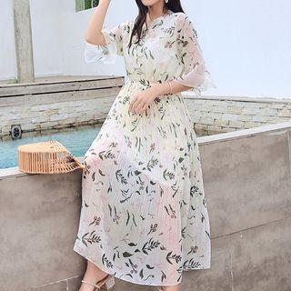 Flower Print Elbow-sleeve Chiffon Midi A-line Dress