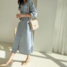 Flap-pocket Denim Long Shirtdress Blue - One Size