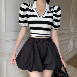 Set: Short-sleeve Open-collar Striped Crop Top + Puffy Shorts