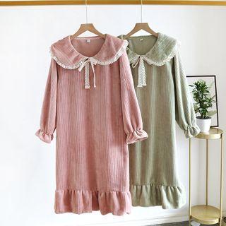 Long-sleeve Lace Trim Debossed Sleep Dress