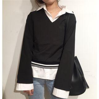 Bell-sleeve Chiffon Top Black - One Size