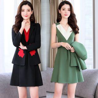 Set: Sleeveless Two-tone Mini A-line Dress + Embroidered Open-front Blazer