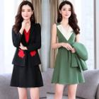 Set: Sleeveless Two-tone Mini A-line Dress + Embroidered Open-front Blazer