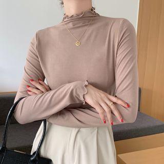 Mock-neck Plain Ruffle Cropped Top