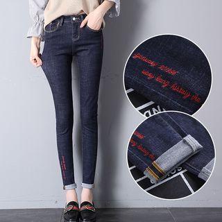 Letter Embroidered Cropped Skinny Jeans