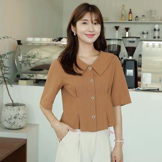 Elbow-sleeve Pintuck Peplum Blouse