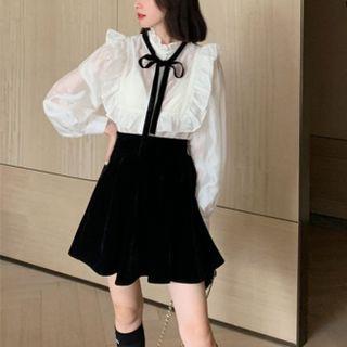 Lantern-sleeve Ruffled Blouse / Mini A-line Skirt