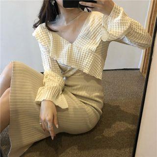 Mesh Panel Ruffle Blouse White - One Size