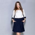 Set: Elbow-sleeve Color Block Top +a-line Skirt