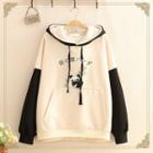 Color-block Sleeve Panda Print Fleece-lined Hoodie