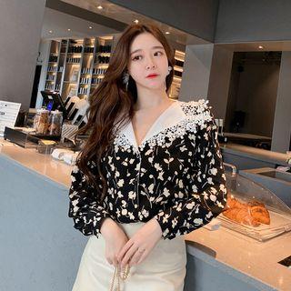 Crochet-collar Floral Print Blouse Black - One Size