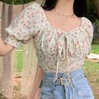 Puff-sleeve Floral Print Tie-front Crop Top Floral - White - One Size