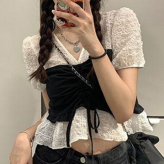 Mock Two-piece Short-sleeve Drawstring Top Black - One Size